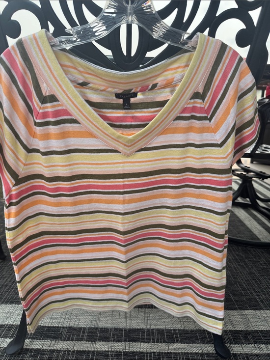 Talbots Tops - Talbots Striped V-Neck Short Sleeve Top in Pink, Orange, Yellow and Olive